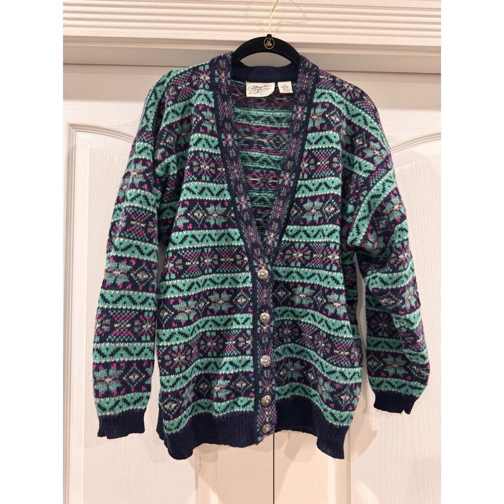 Vintage Brass Plum Nordstrom Shetland Wool Cardigan Small Blue Black Green Gray
